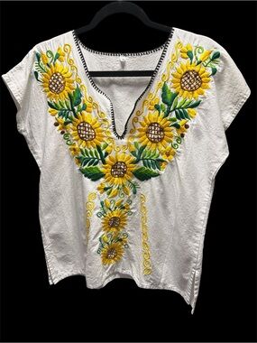 Sunflower Embroidered V-Neck Cotton Tunic - White/Yellow